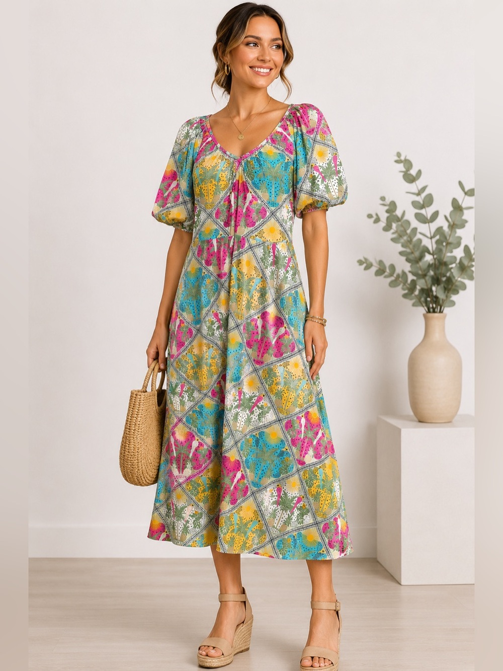 LOFT Floral Puff Sleeve V-Neck Swing Midi Dress Size 4 Vacation Resort Cruise - Picture 5 of 17
